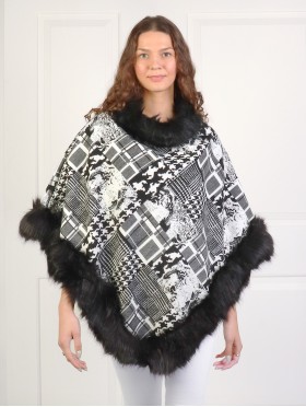 Black & White Chic Imitative Poncho W/ Fur Collar & Edge